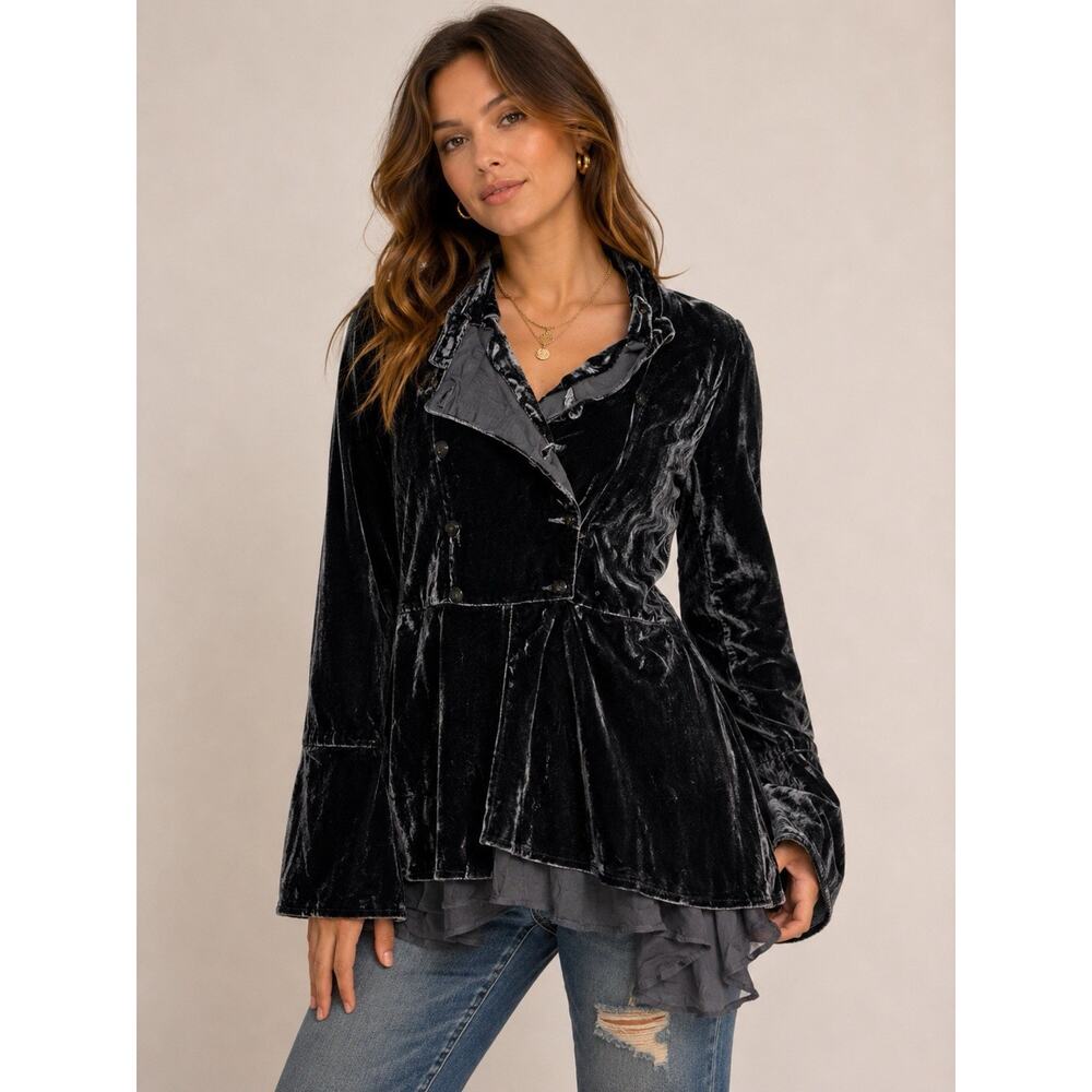 Free People Velvet Jacket Womens Small Gray Ruffle Hem Boho Romantic New Tags